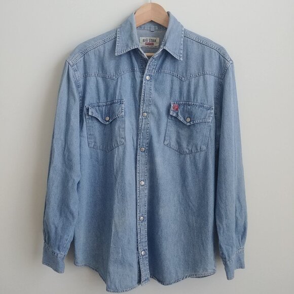 Big Star Mens 100% cotton snap front blue denim lightweight jean shirt Small - Picture 1 of 14